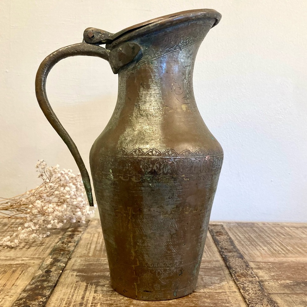 Hand Etched Vintage Metal Pitcher with Lid and Dovetail Joinery Middle Eastern